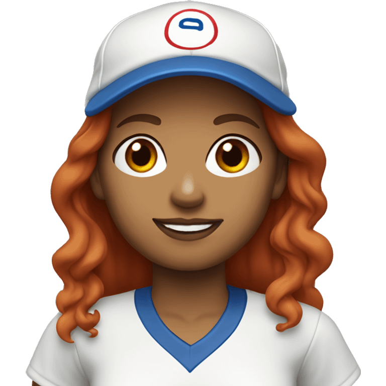 front facing standing up female coach with long red hair, wearing a white t-shirt and a simple baseball blue hat emoji