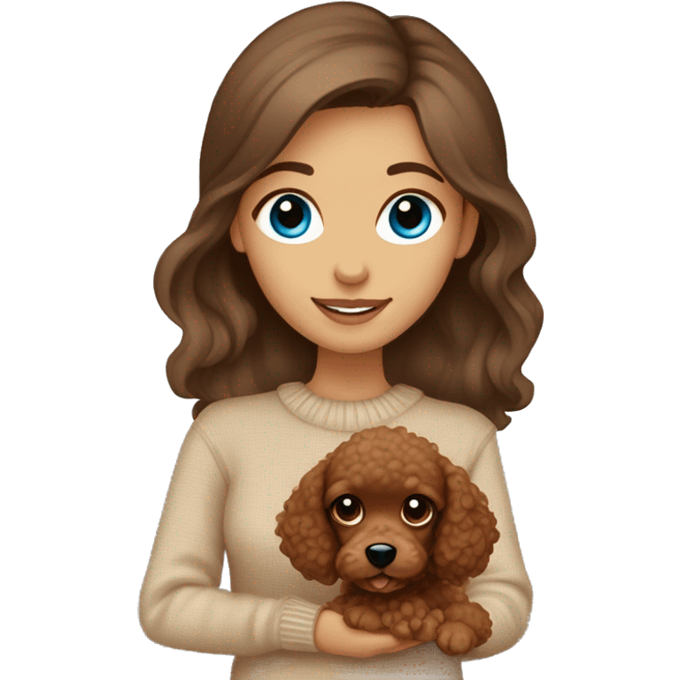 Pretty blue eyed tan girl with brown hair in a beige sweater holding a brown sweet toy poodle emoji