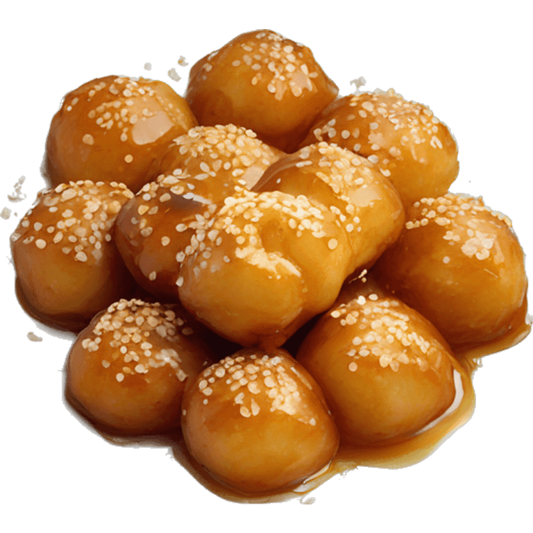 Greek loukoumades in a plate with honey drizzle and sesame seeds emoji