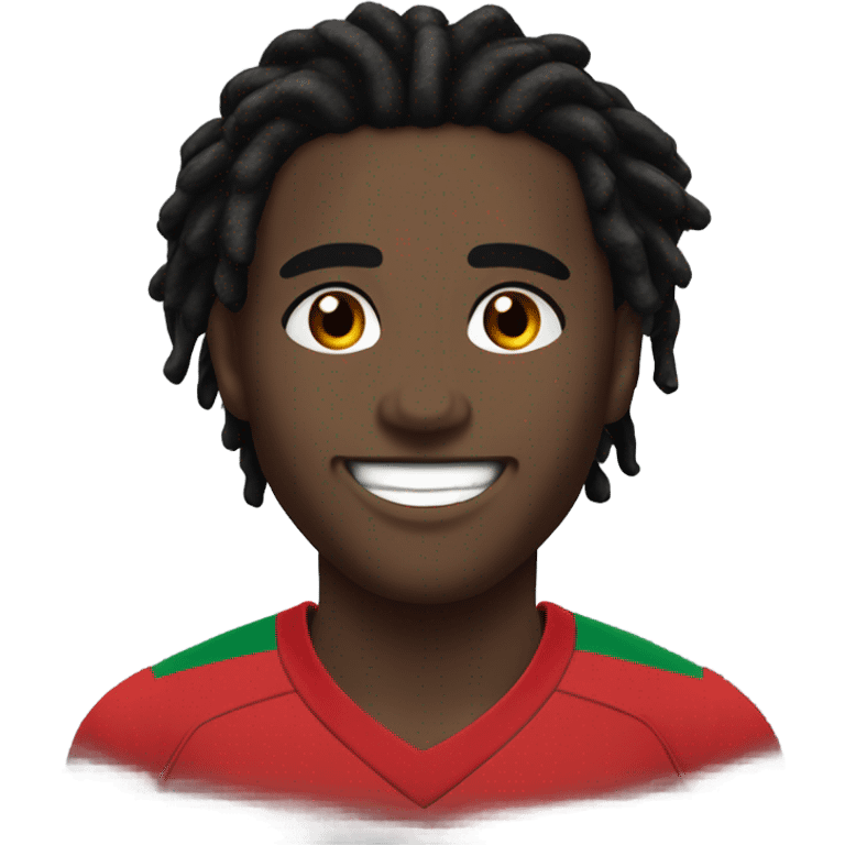  Young black man- 4 inch short dark black messy dread locks-  mad eyebrows - low dark brown eyes - no facial hair - laughing - Portugal jersey - lean muscle - nice smile  emoji