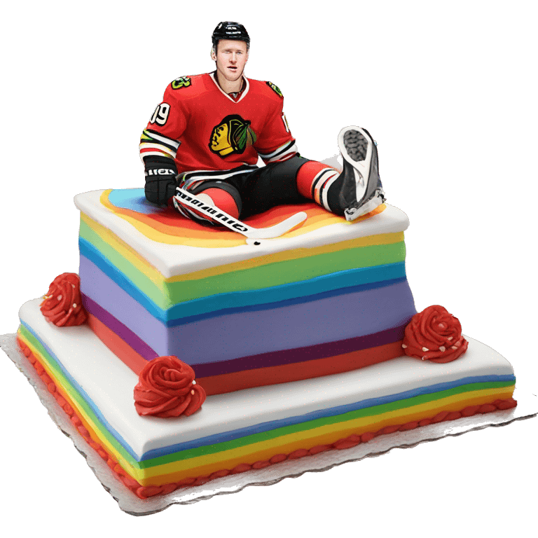 Jonathan Toews laying on a rainbow cake emoji