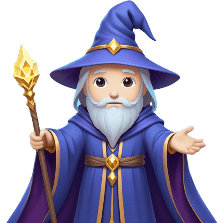 Clash of Clans aesthetic: Cinematic heroic powerful Wizard Hero Emoji, rendered in a 3D vector-style similar to standard emojis with minimal shading and bold, simplified shapes. A compact, isometric figure draped in flowing enchanted robes and wielding a mystical staff, softly glowing with an arcane magical charm. Simplified yet unmistakably iconic, highly detailed and consistent, glowing with a soft radiant glow and high shine. Stylized with a touch of whimsical sorcery and a soft glowing outline, capturing the essence of a powerful wizard ready to cast spells with a friendly, playful spirit! emoji