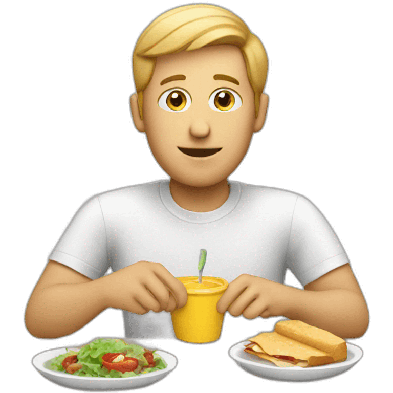 white man eating lunch with laptop emoji