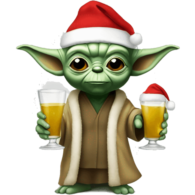 Yoda in a Christmas hat with two alcoholic drinks in hand emoji