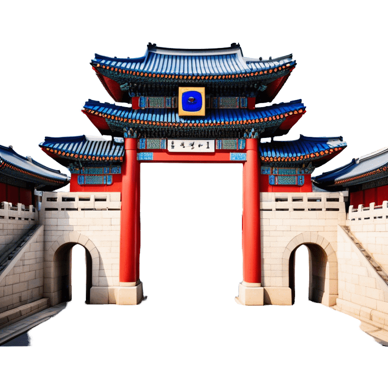 ​Cinematic Realistic Gwanghwamun Gate, depicted as a majestic historic gateway with traditional Korean architectural details, vibrant red and blue accents, and intricate carvings, set against a backdrop of modern Seoul under dynamic, natural lighting that highlights its timeless grandeur, emoji