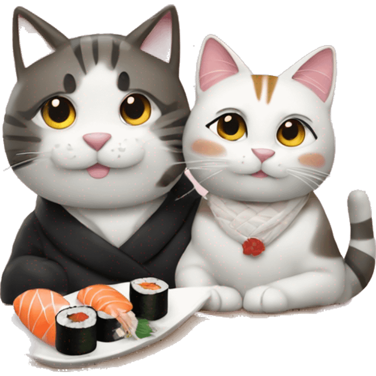 Couple eating sushi sushi sat next to a cat emoji