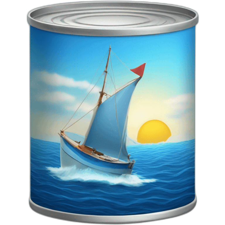 Realistic small can of tuna showing the blue shape of a sailling boat on a sea background emoji