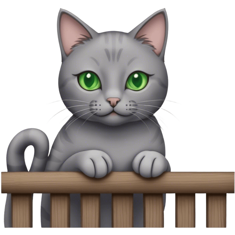 grey cat on a wooden balcony railing emoji