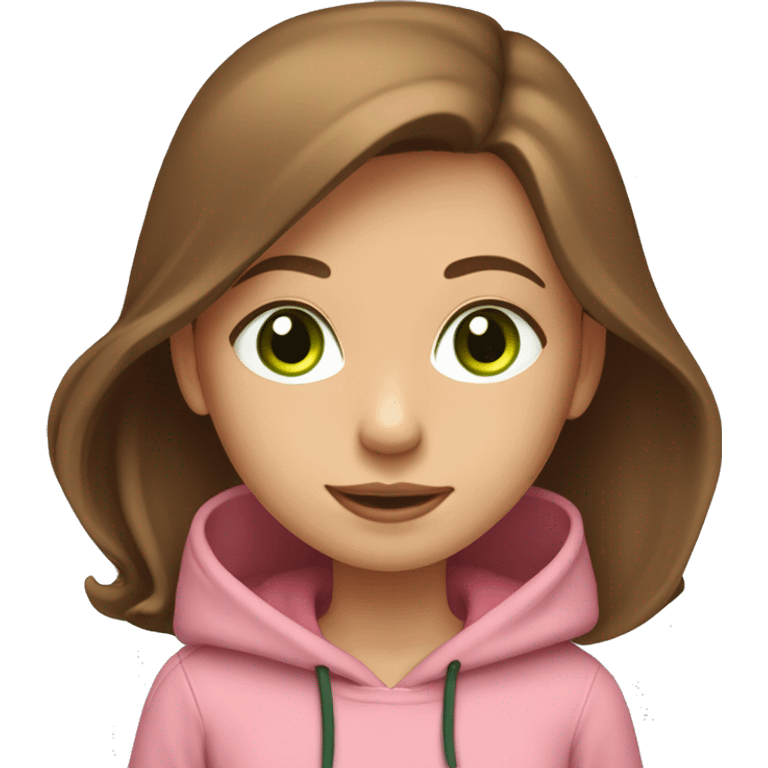 A girl with brown long hair, fair skin and green eyes, working at a modern laptop in a plain pink hoodie emoji