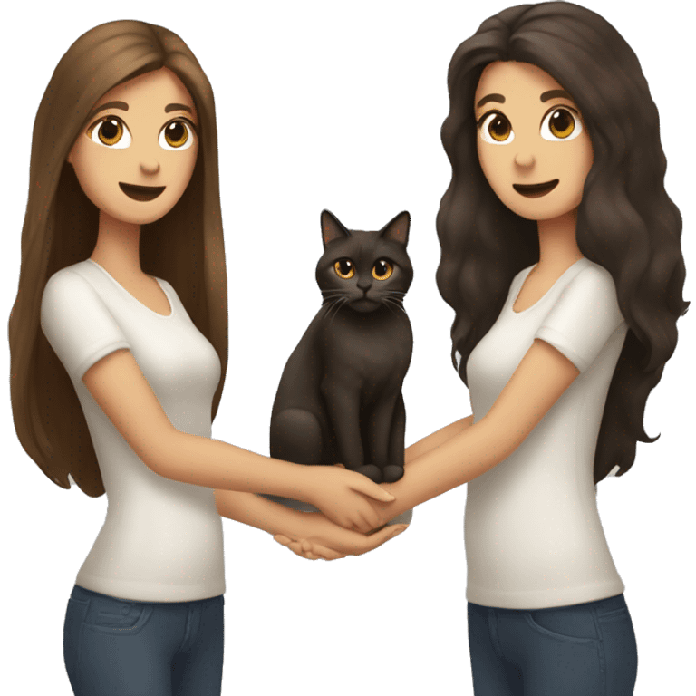 Two long hair brunettes and cats in their hands emoji