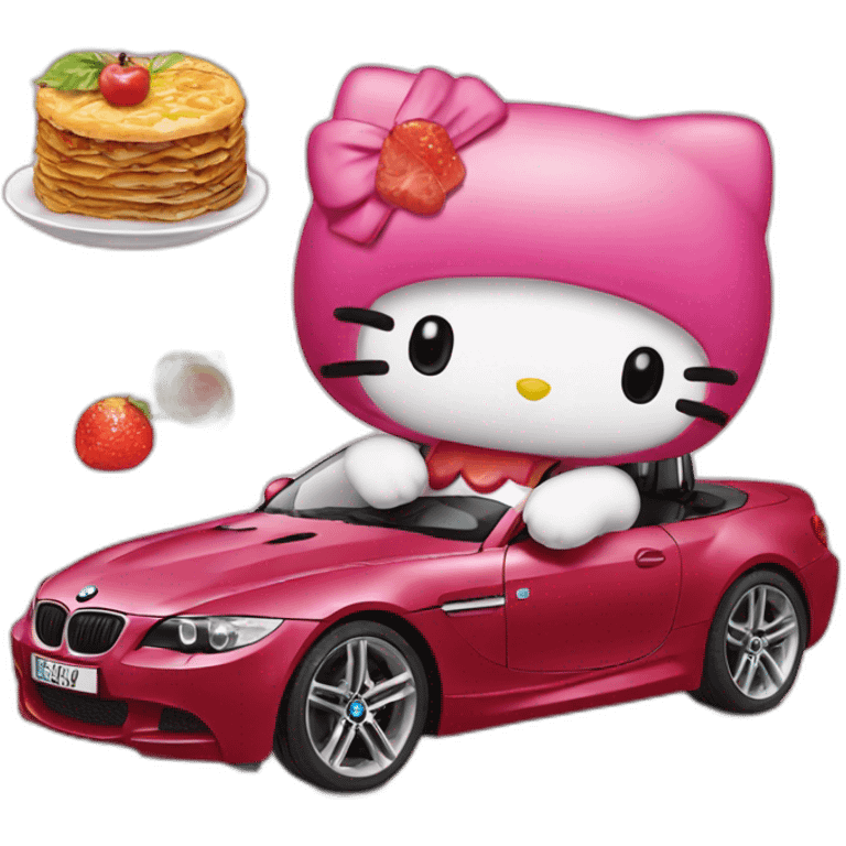 hello kitty in a bmw with turkish food emoji