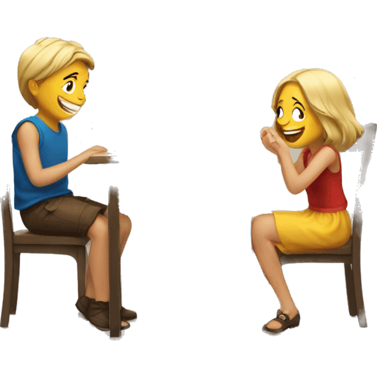 A girl and a boy laugh at an empty table emoji