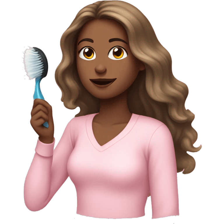 girl in baby pink long sleeved top with long wavy hair brushing hair with eyes shut  emoji