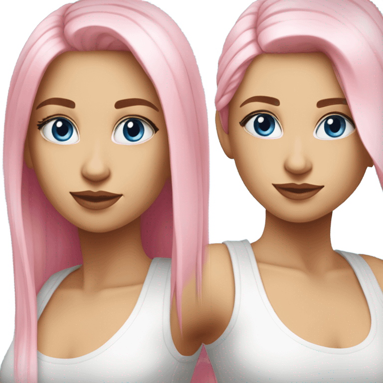 beautiful woman, long straight blonde hair, blue eyes, white tank top, pink hair highlights  emoji