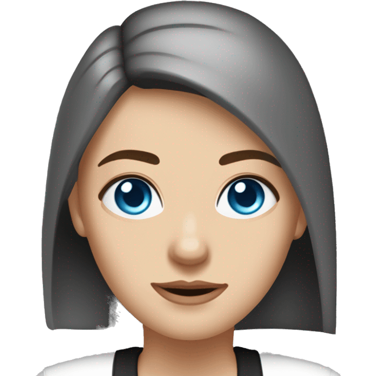 Slavic woman with blue eyes, eyes look up, fair skin, straight gradient medium length hair, eyes makeup, dressed in white T-shirt and office black jacket, one side of hair is tucked behind the ear. emoji