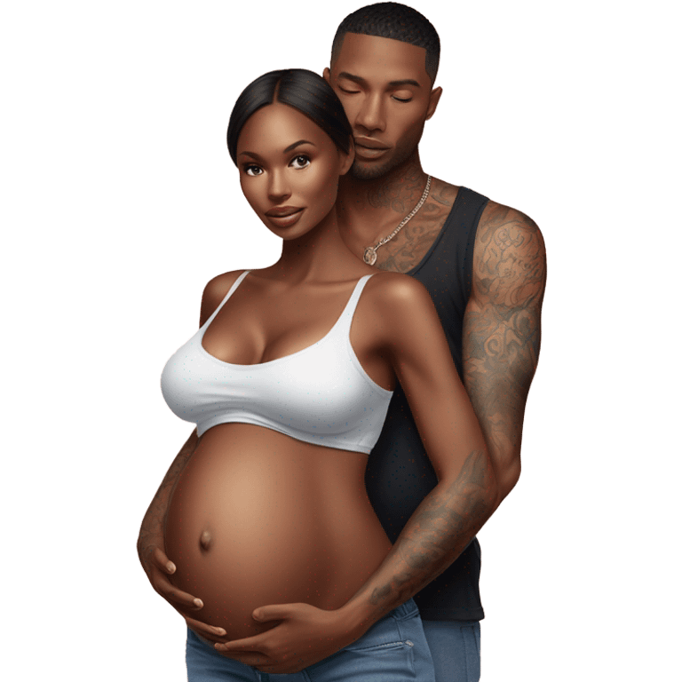 Photo of a Victoria secret model pregnant with a tattooed male model with his hand on her stomach  emoji