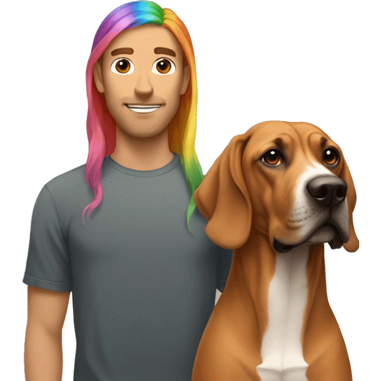 white male with long rainbow colored hair standing alongside a brown rhodesian ridgeback emoji