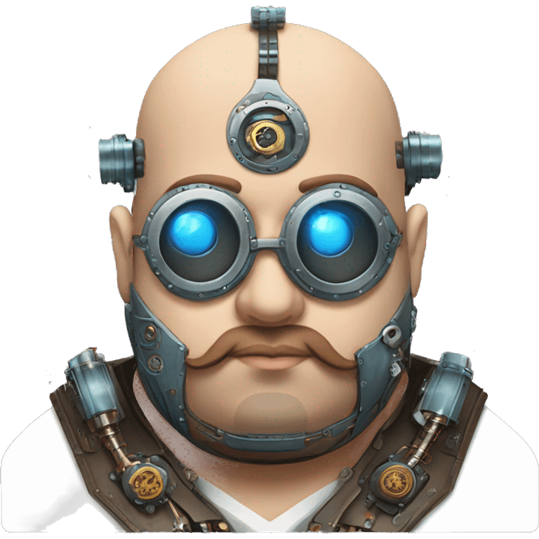 Fat bald cyborg head with blue steampunk goggles, brown beard and circuits emoji