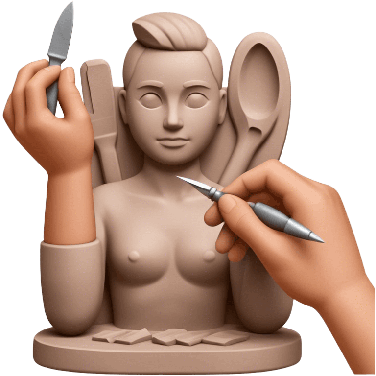 Clay sculpting icon, hands shaping clay, sculpted figure in progress, sculpting tools like chisels and knives, textured clay surface, minimalistic style, clean lines, transparent background. emoji