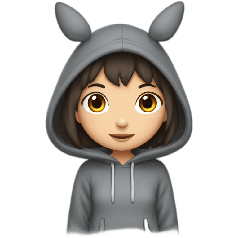 Fille Brune avec un sweat-capuche Totoro gris foncé avec les rond clair de Totoro sur ventre  emoji