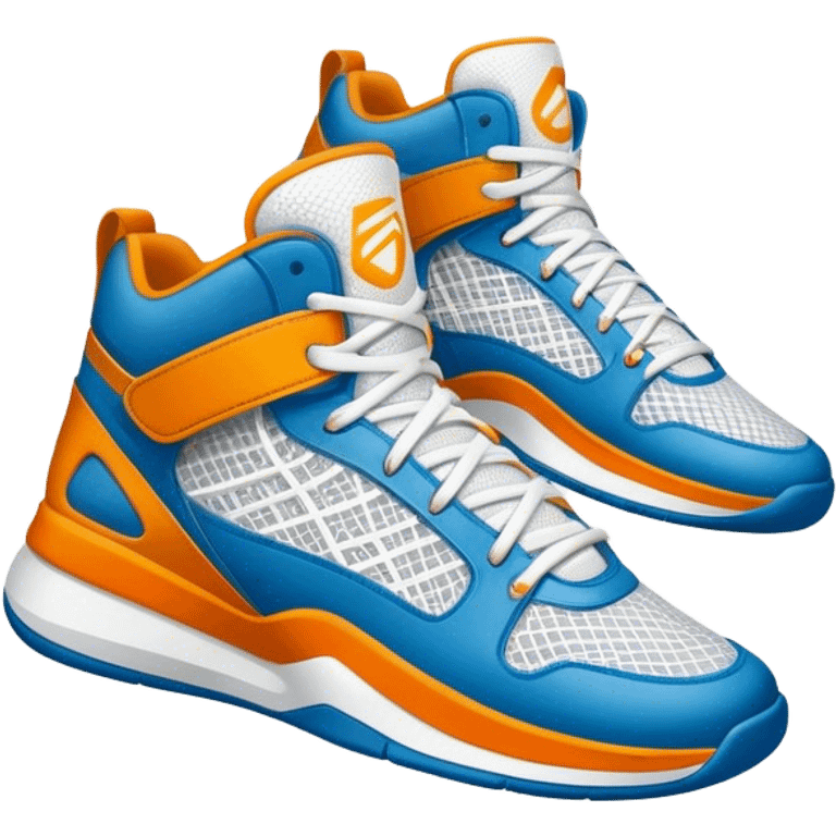 Cinematic Realistic image of a pair of basketball sneakers featuring detailed mesh and leather textures, vibrant color accents and dynamic design lines, illuminated by bold, high-energy arena lighting emoji