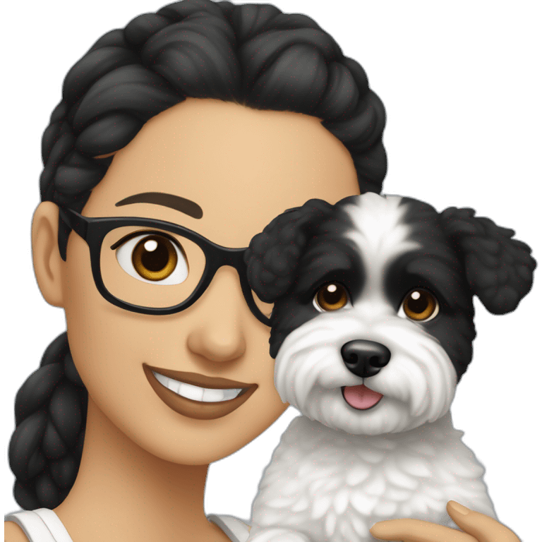 woman-black hair-bun-with glasses-with bichon dog-white-smile emoji