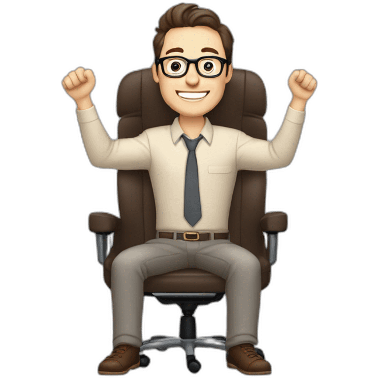 Joyful Celebrating victory Hands up Pale skinned Fit Man With dark brown hair in gray jacket, beige office shirt, Brown pants and vintage glasses sitting In a soft chair emoji