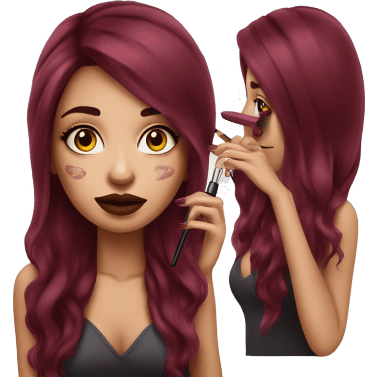 Beautiful tattooed burgundy long haired woman doing her makeup emoji