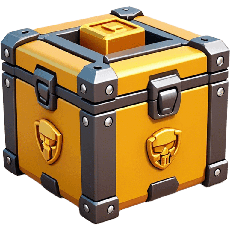 Clash of Clans aesthetic: Cinematic Playful Sci-fi Loot Crate Emoji, rendered in a 3D vector-style similar to standard emojis with minimal shading and bold, simplified shapes. A compact, futuristic storage box with sleek metallic panels and digital accents, softly glowing with a cosmic treasure charm. Simplified yet unmistakably iconic, highly detailed and consistent, glowing with a soft radiant shine and high gloss. Stylized with a touch of intergalactic mystery and a soft glowing outline, capturing the essence of a futuristic reward chest with a friendly, playful allure! emoji