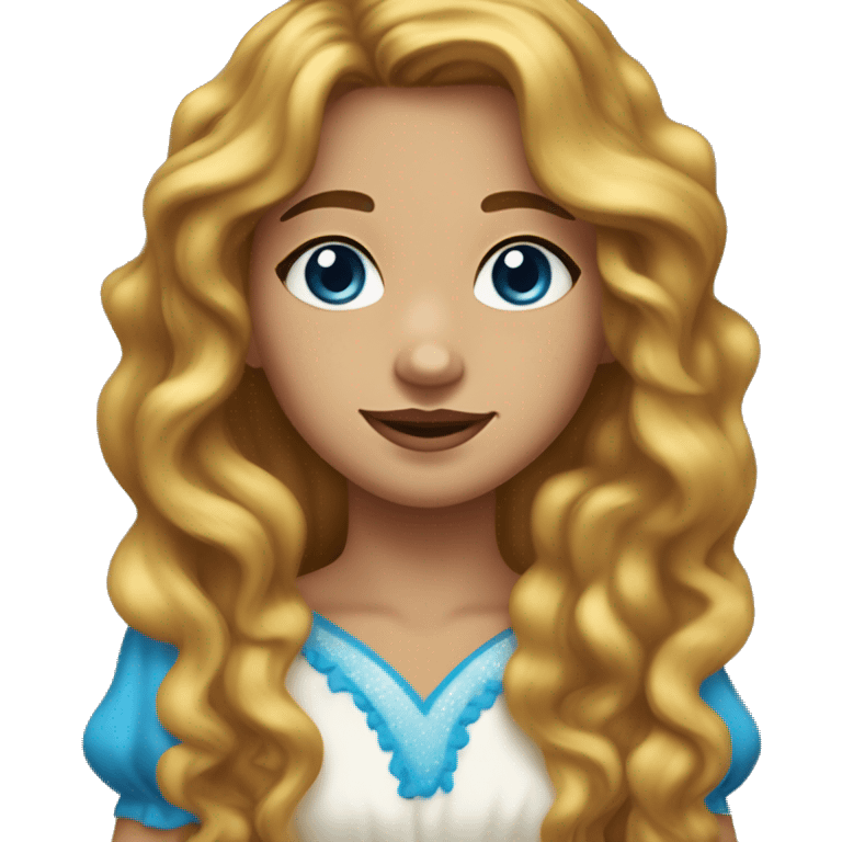 girl with long wavy brown hair, 1 white vitiligo strand of hair, blue eyes, fair skin, freckles, dimples and yellow dress emoji