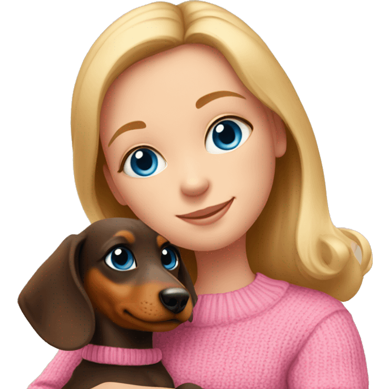 A girl with blue eyes in a pink sweater hugs a dachshund puppy emoji