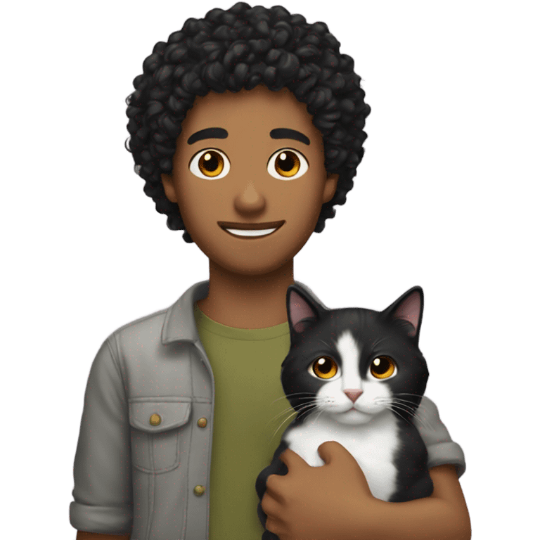 Guy with black curly hair holding a cat emoji