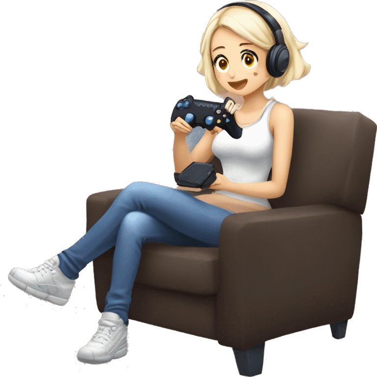 creame una chica anime gamer sentada en una silla gamer jugando juegos emoji