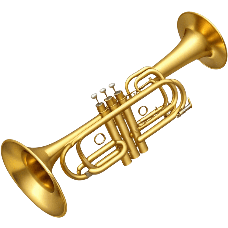 Create a sleek and polished emoji representing the Brahner trumpet. The design should feature the shiny brass body of the trumpet, with its distinct bell shape and coiled tubing. Highlight the three smooth, finger-operated valves, and the mouthpiece at the top of the instrument. The finish of the trumpet should be a rich, golden brass tone with subtle reflections, giving it a polished and professional appearance. Add musical notes or soundwaves around the bell of the trumpet to evoke its bold and brassy sound. Use golden, brass, and silver tones to emphasize the vibrant, high-quality design of the trumpet. The background should be transparent. emoji