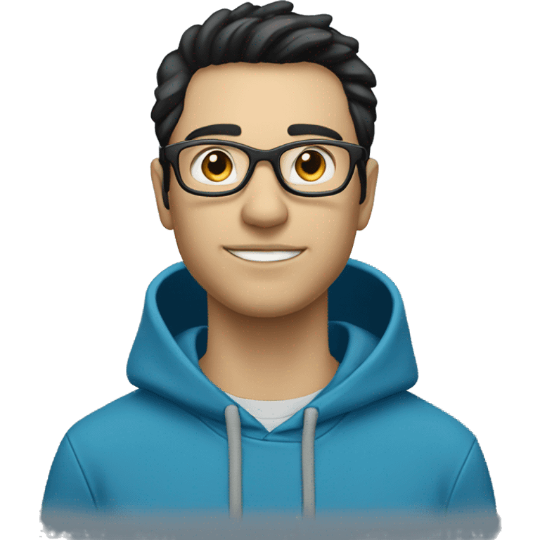 white male with short messy black hair, wearing glasses, blueish hoodie with a Dell (company) logo on it emoji