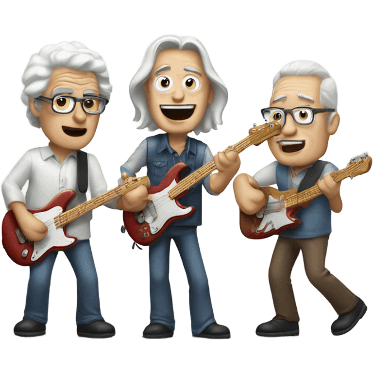 Three older white musicians jamming. one on guitar, one on a Fender bass and one on cowbell emoji