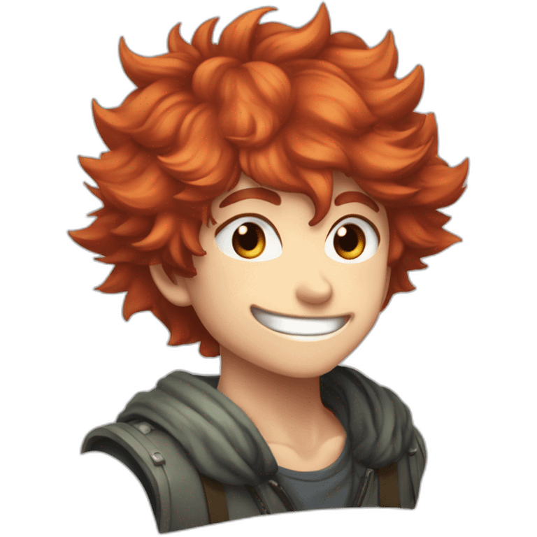 Red haired young boy with cheeky grin and pointy fluffy hair in a anime defense pose emoji