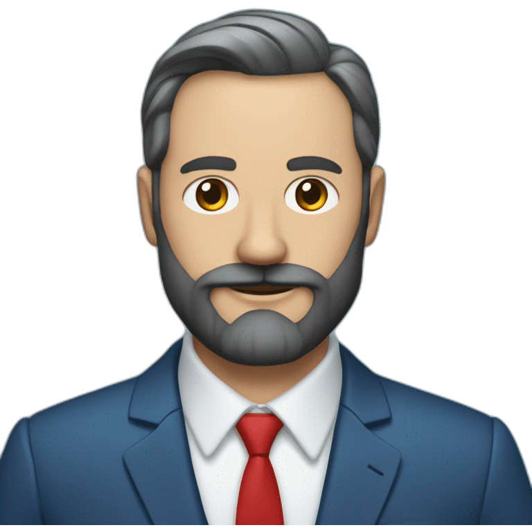 Un barbu de 40 ans, avec un costume bleu marine, et une cravate rouge et une chemise bleu claire emoji