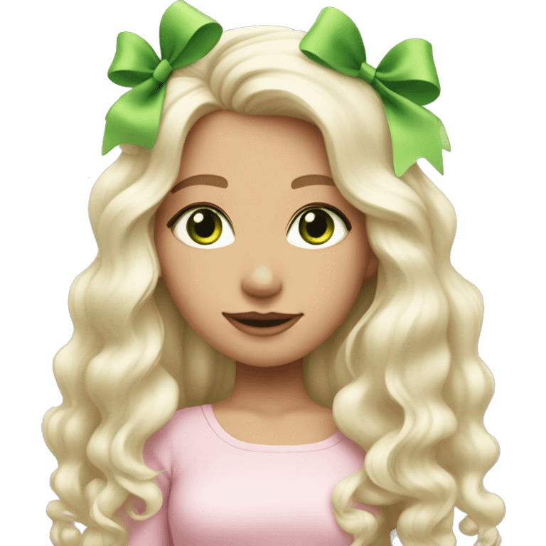 pale blonde girl with long platinum white wavy hair with bright green eyes and wearing a light pink hair bow  emoji