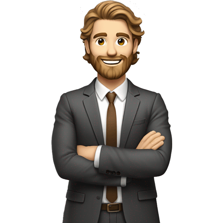 Smiling athletic attractive white man with brown long shoulder length wavy hair and brown full beard in proffessional suit crossing arms  emoji