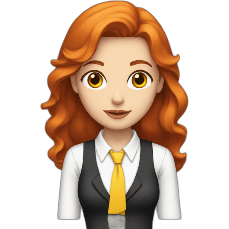 White Woman with red hair and yellow eyes wearing a white button up shirt and black tie emoji