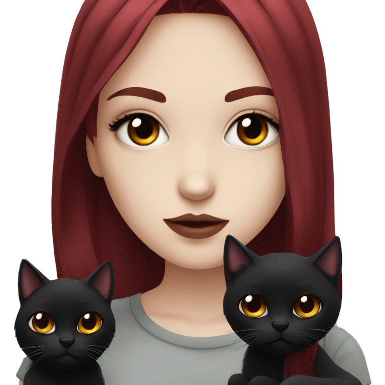 Pale girl with black eyeshadow and long  burgundy red colored hair with an emo haircut and layered holding a black cat emoji