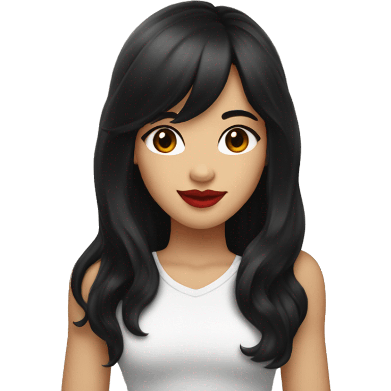 pretty girl with long black hair reaching below the armpits with bangs. red lips, brown eyes, fair skin emoji