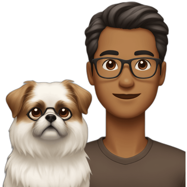 Young man with brown pompadour and glasses with white and brown Pekingese dog emoji