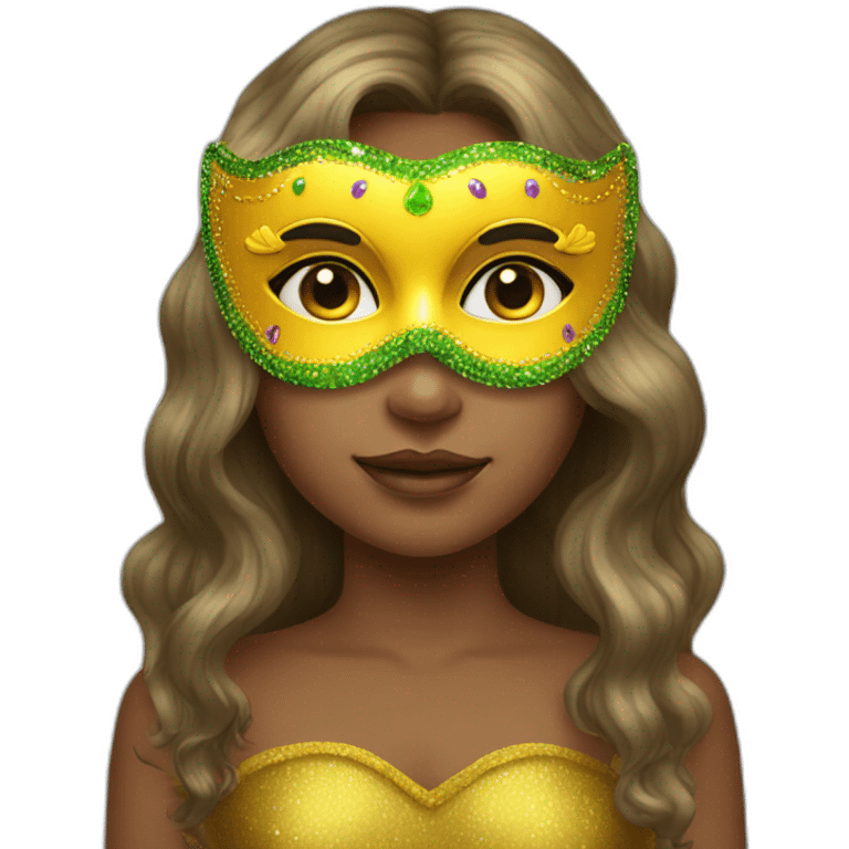 girl wearing a mardi gras mask yellow skin long hair emoji