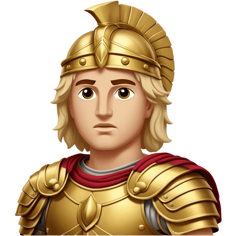 Cinematic Realistic Alexander the Great Portrait Emoji, depicted as a bold, charismatic ancient conqueror in regal armor with a commanding gaze, rendered with lifelike textures and dramatic heroic lighting that captures his legendary ambition. emoji