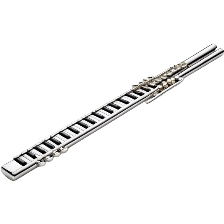 Cinematic Realistic Flute, polished silver metal with precise keywork, soft reflections of warm light dancing along its length, a musician’s delicate fingers pressing the keys, glowing with a sleek and elegant charm. emoji