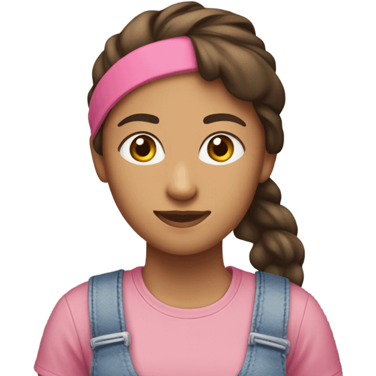 A white woman with brown hair in pony tail wearing pink headband, pink t shirt and overalls  emoji