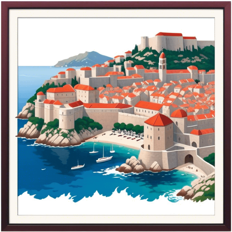 Cinematic Realistic aerial view of the historic city of Dubrovnik, showcasing its iconic red-roofed architecture, fortified walls, and sparkling Adriatic coastline, rendered with rich textures and warm Mediterranean lighting that captures its old-world charm. emoji