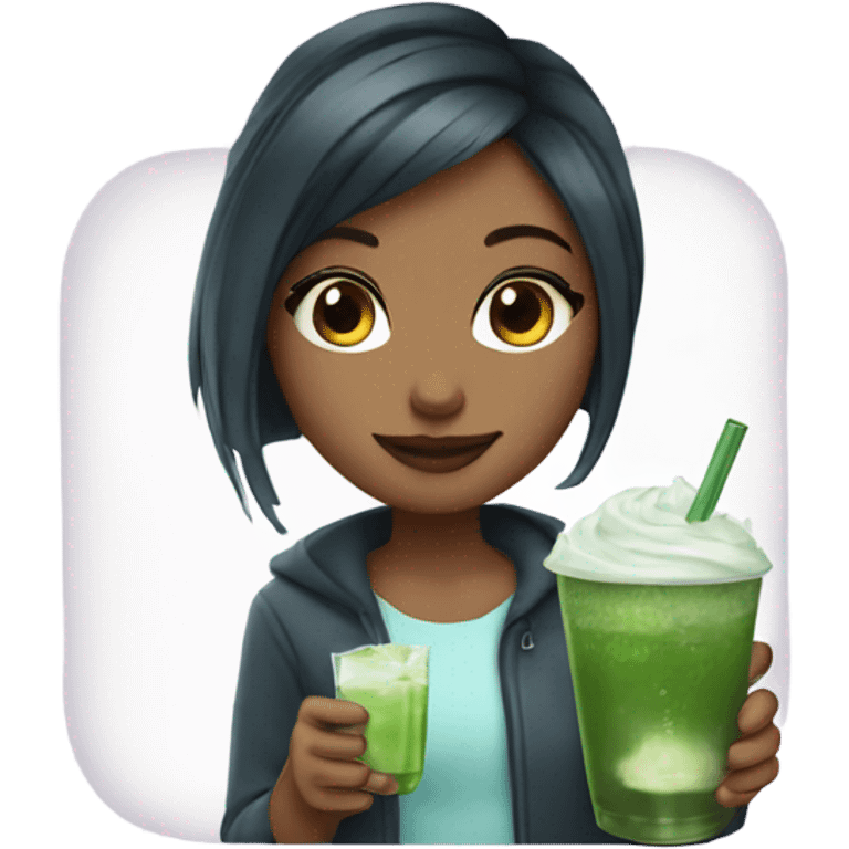 Pretty girl holding a glass cup of iced matcha  emoji